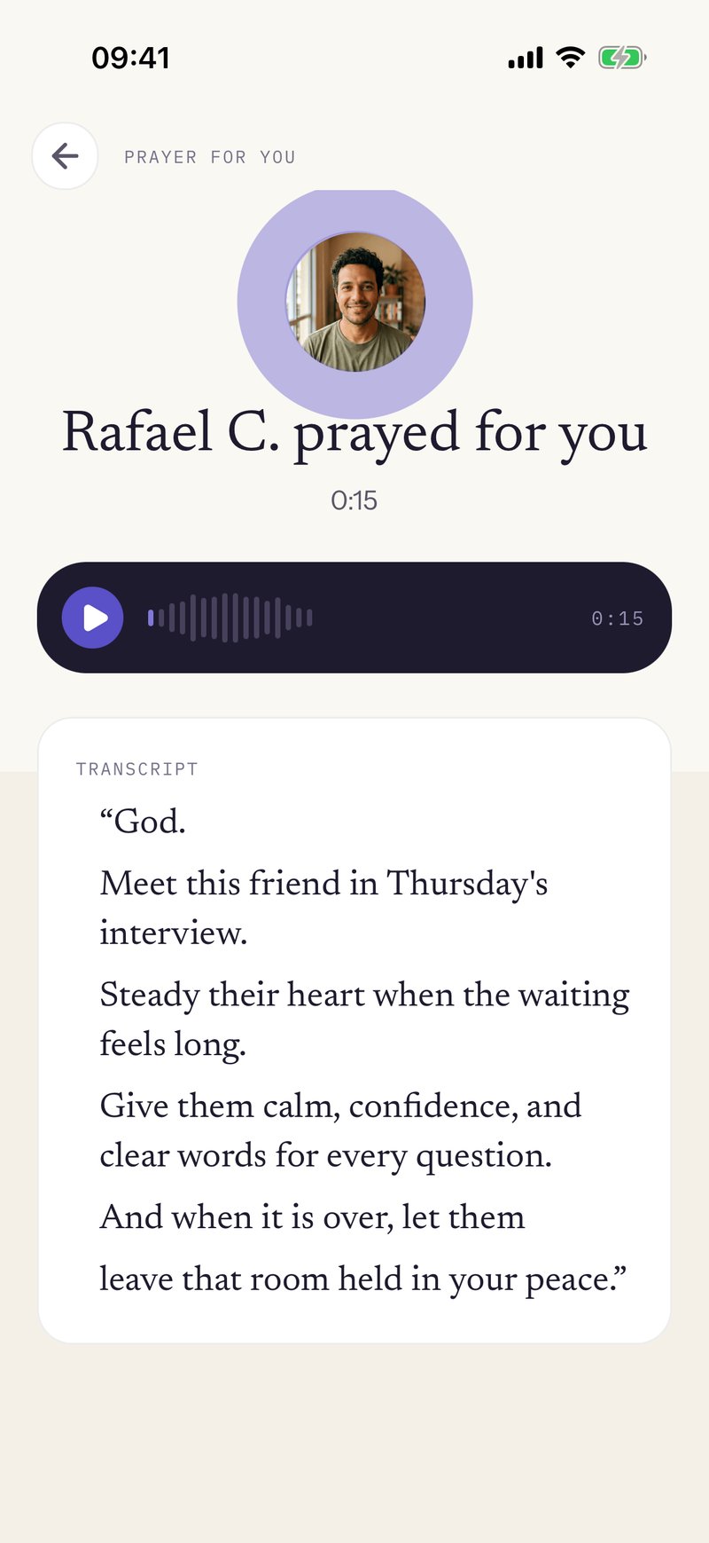 A 15-second voice prayer from Rafael C., with its transcript